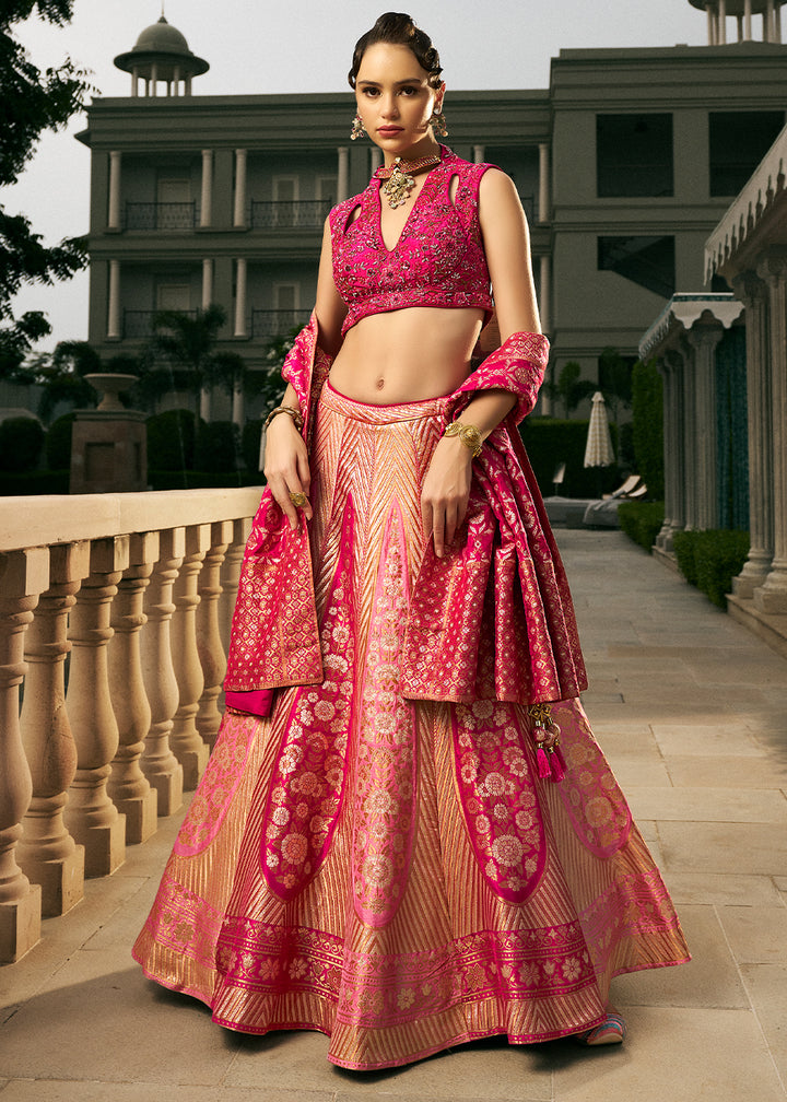 Magenta Pink Bridal Lehenga Choli with Intricate Embroidery on Banarasi Silk