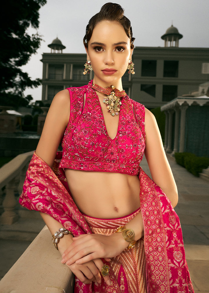 Magenta Pink Bridal Lehenga Choli with Intricate Embroidery on Banarasi Silk