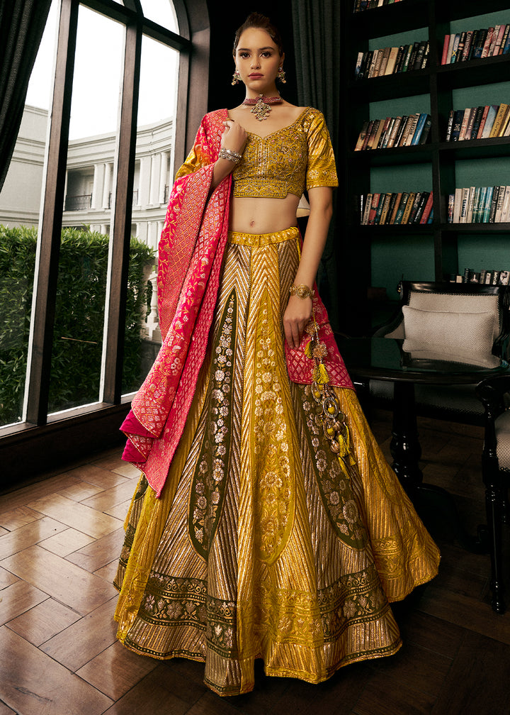 Vivid Yellow Bridal Lehenga Choli with Intricate Embroidery on Banarasi Silk