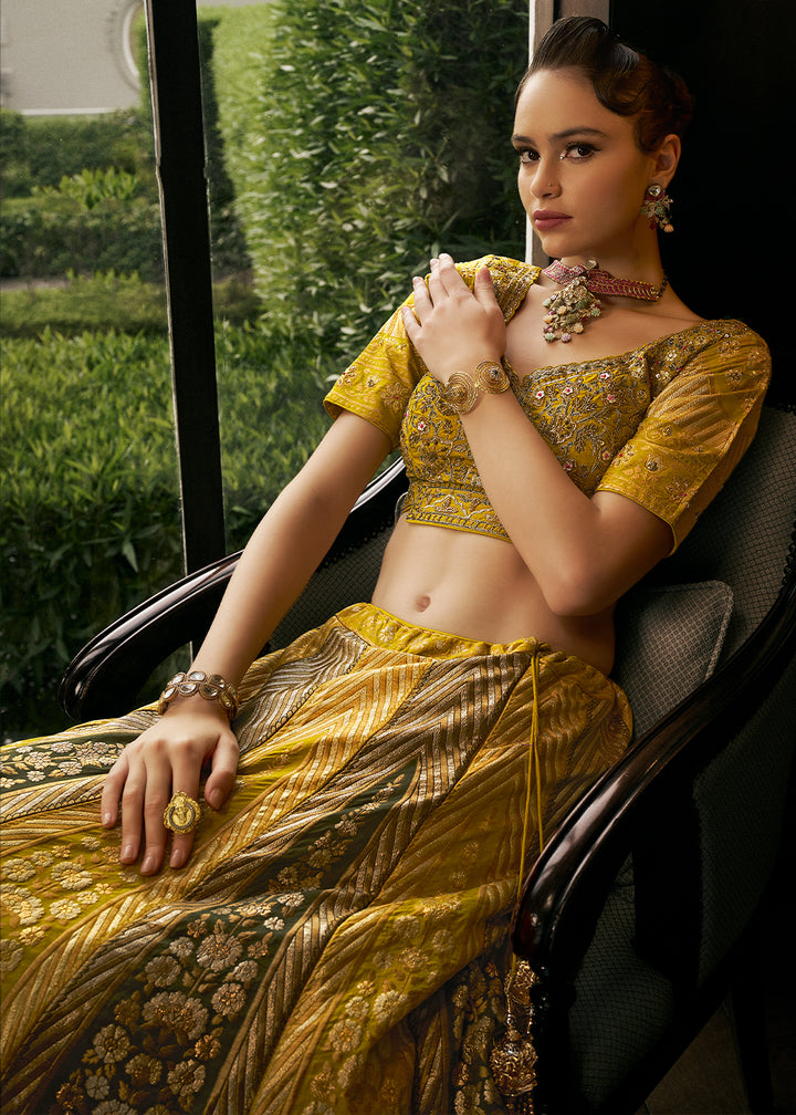 Vivid Yellow Bridal Lehenga Choli with Intricate Embroidery on Banarasi Silk