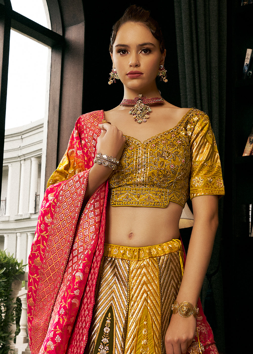 Vivid Yellow Bridal Lehenga Choli with Intricate Embroidery on Banarasi Silk