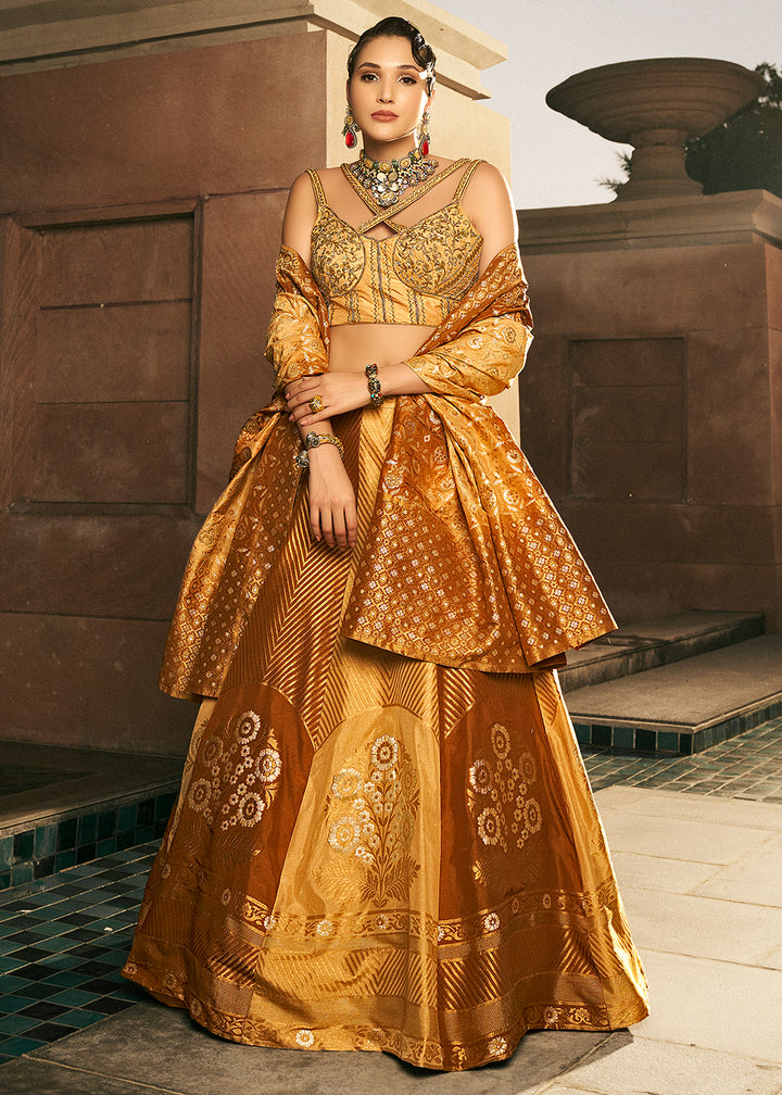 Shades of Brown Bridal Lehenga Choli with Intricate Embroidery on Banarasi Silk