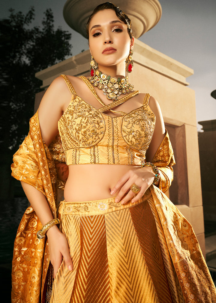 Shades of Brown Bridal Lehenga Choli with Intricate Embroidery on Banarasi Silk