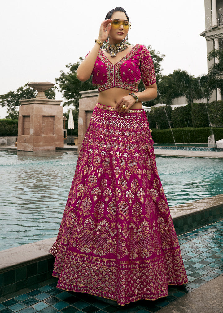 Shades of Purple Bridal Lehenga Choli with Intricate Embroidery on Banarasi Silk