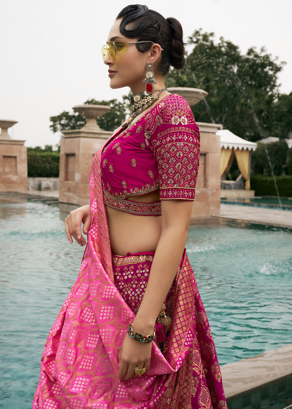 Shades of Purple Bridal Lehenga Choli with Intricate Embroidery on Banarasi Silk