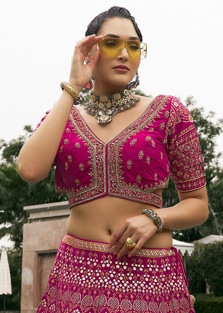 Shades of Purple Bridal Lehenga Choli with Intricate Embroidery on Banarasi Silk