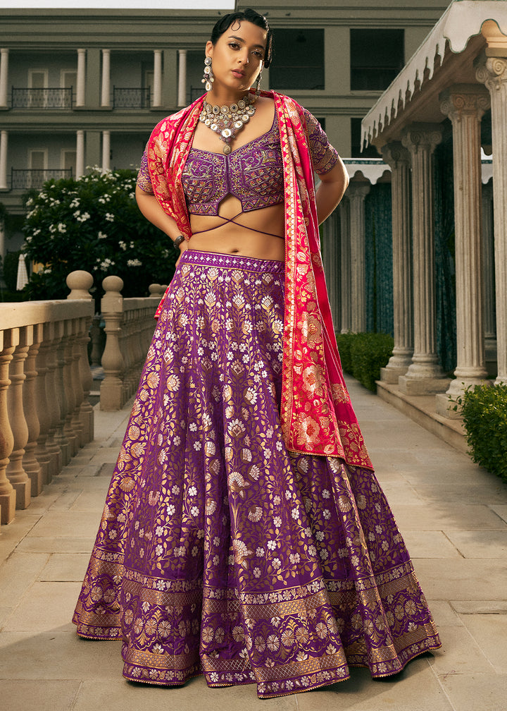 True Purple Bridal Lehenga Choli with Intricate Embroidery on Banarasi Silk