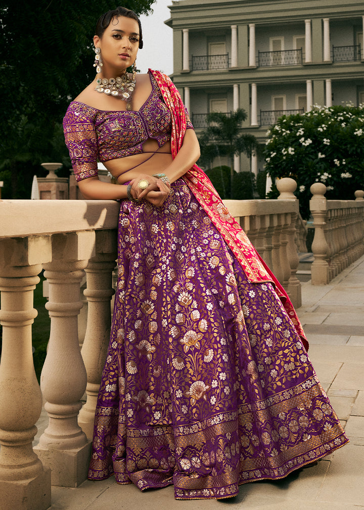 True Purple Bridal Lehenga Choli with Intricate Embroidery on Banarasi Silk