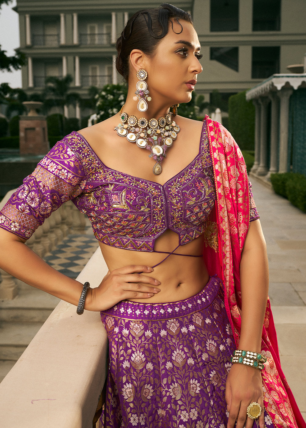 True Purple Bridal Lehenga Choli with Intricate Embroidery on Banarasi Silk