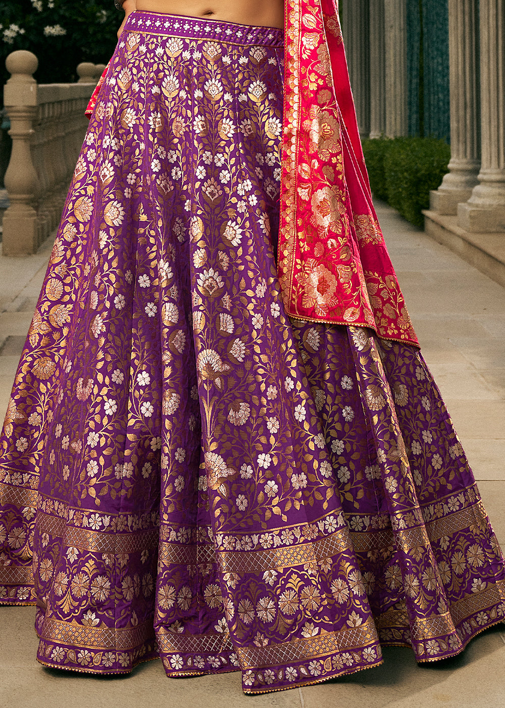 True Purple Bridal Lehenga Choli with Intricate Embroidery on Banarasi Silk