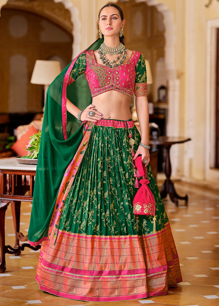 Green & Pink Lehenga Choli in Banarasi Silk with Exquisite Embroidery