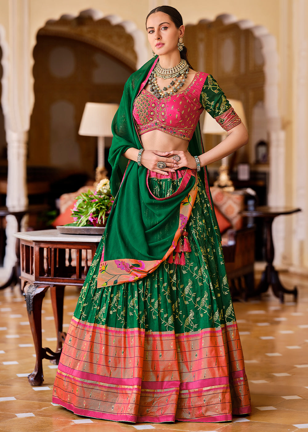 Green & Pink Lehenga Choli in Banarasi Silk with Exquisite Embroidery