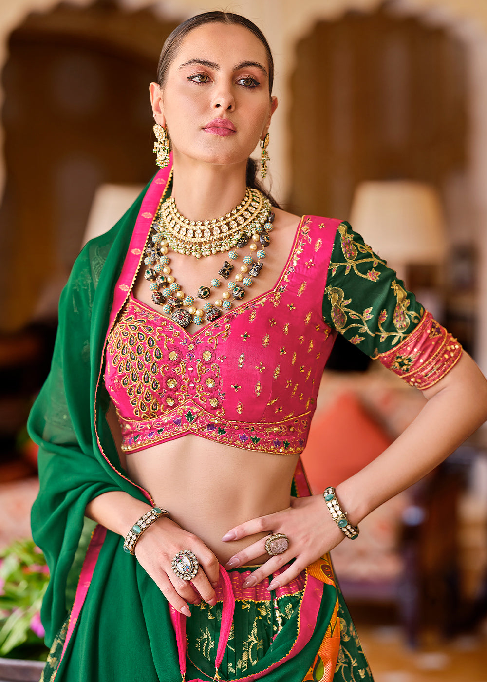 Green & Pink Lehenga Choli in Banarasi Silk with Exquisite Embroidery