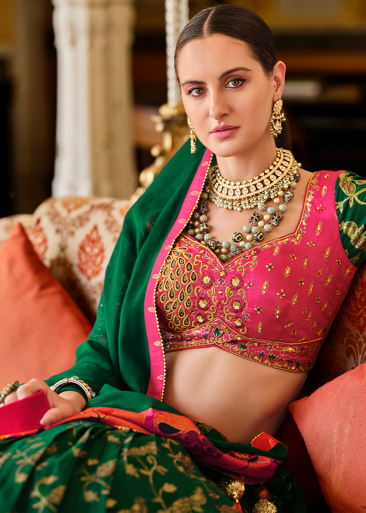 Green & Pink Lehenga Choli in Banarasi Silk with Exquisite Embroidery