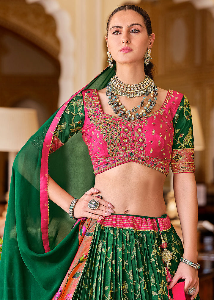 Green & Pink Lehenga Choli in Banarasi Silk with Exquisite Embroidery