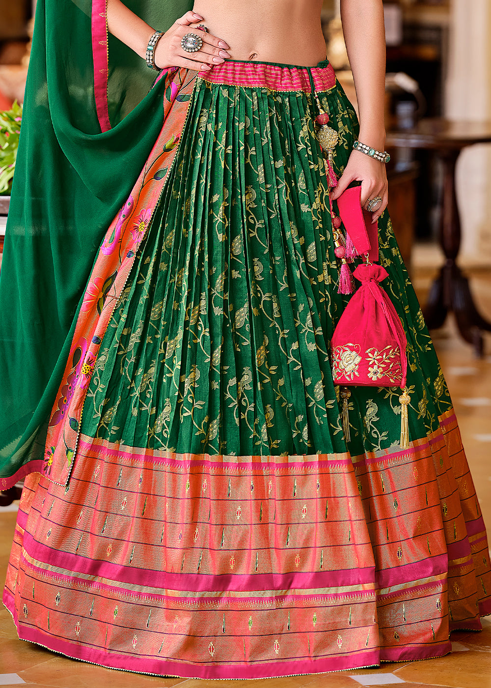 Green & Pink Lehenga Choli in Banarasi Silk with Exquisite Embroidery