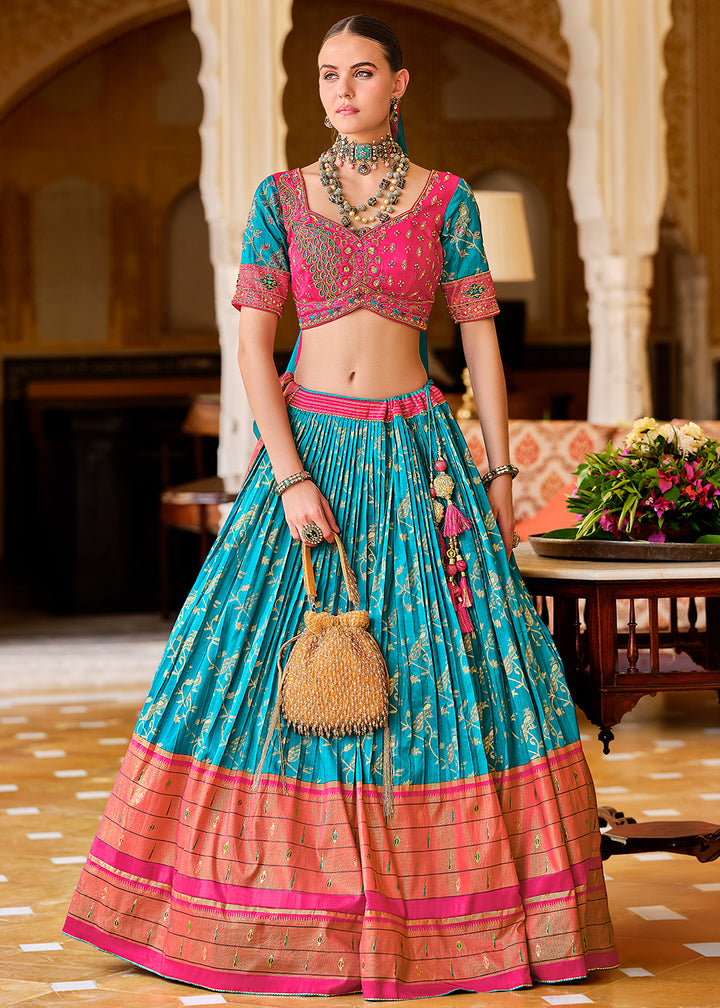 Blue & Pink Lehenga Choli in Banarasi Silk with Exquisite Embroidery