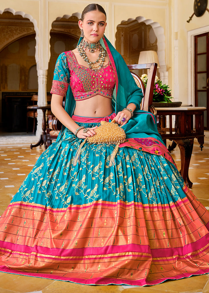 Blue & Pink Lehenga Choli in Banarasi Silk with Exquisite Embroidery