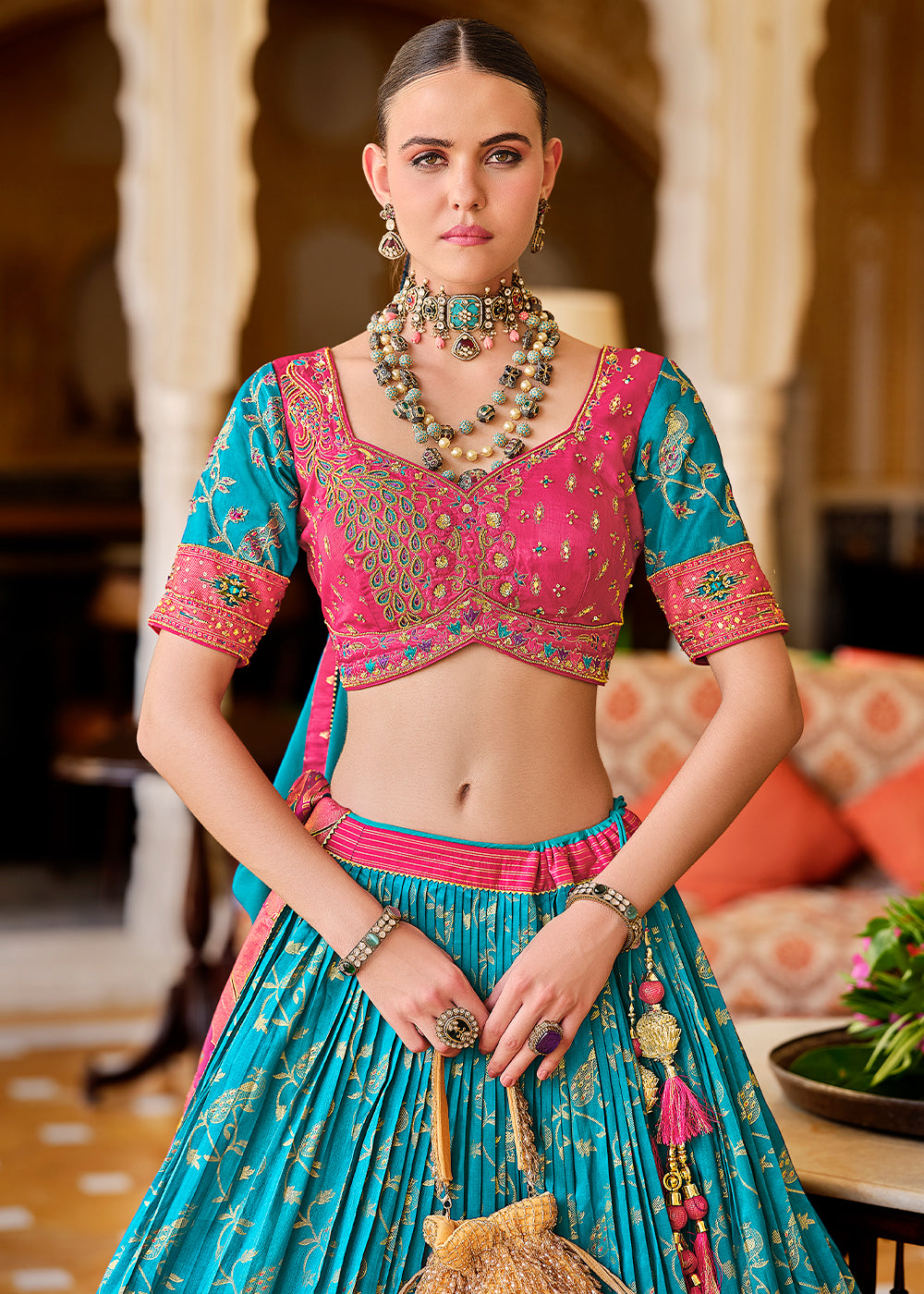 Blue & Pink Lehenga Choli in Banarasi Silk with Exquisite Embroidery