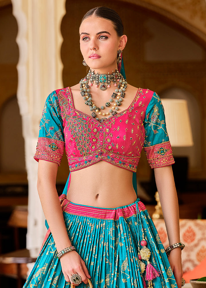 Blue & Pink Lehenga Choli in Banarasi Silk with Exquisite Embroidery