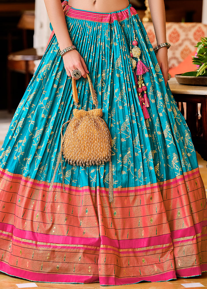 Blue & Pink Lehenga Choli in Banarasi Silk with Exquisite Embroidery