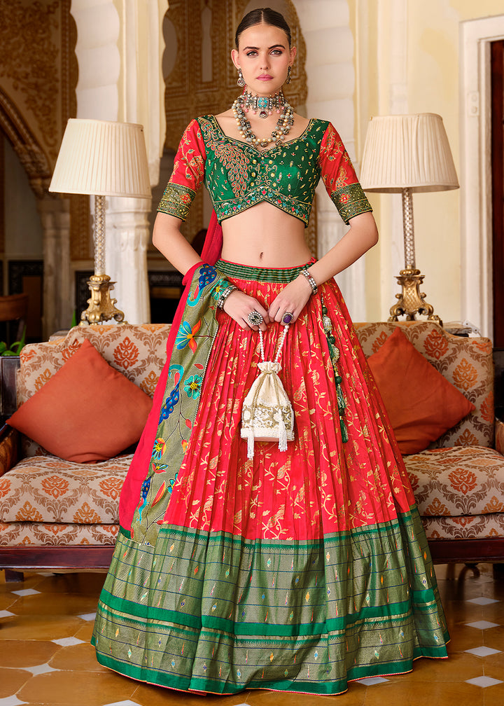 Red & Green Lehenga Choli in Banarasi Silk with Exquisite Embroidery