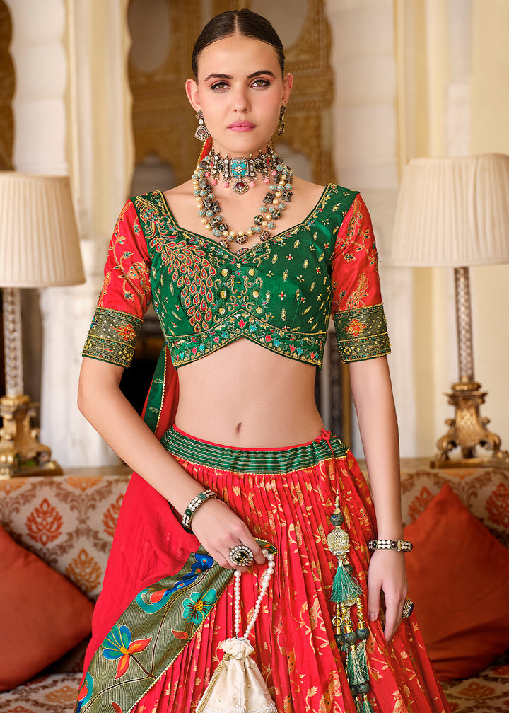 Red & Green Lehenga Choli in Banarasi Silk with Exquisite Embroidery