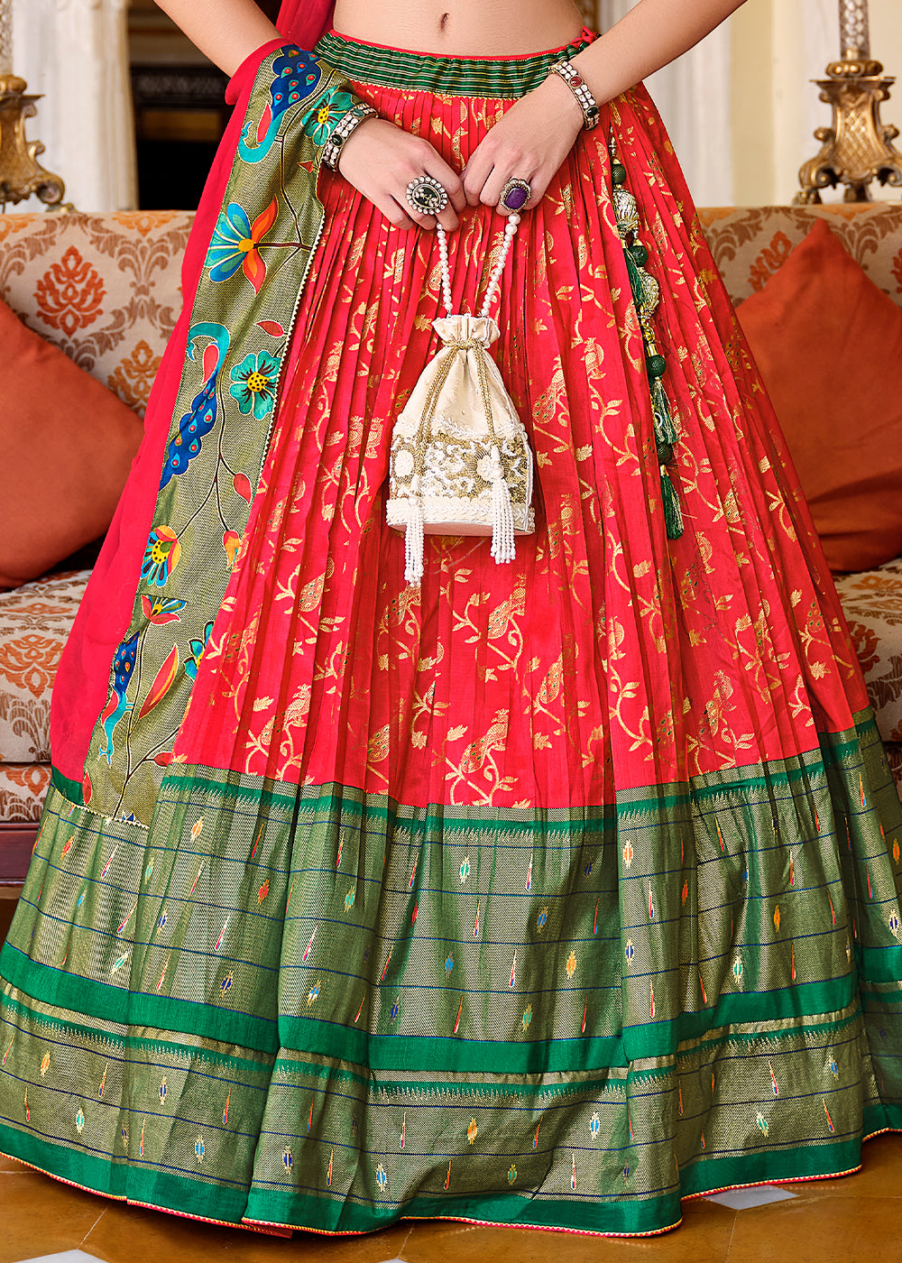 Red & Green Lehenga Choli in Banarasi Silk with Exquisite Embroidery