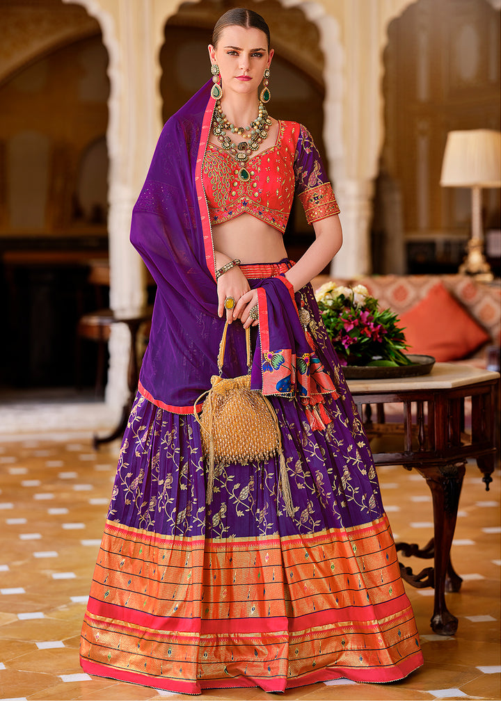 Purple & Pink Lehenga Choli in Banarasi Silk with Exquisite Embroidery