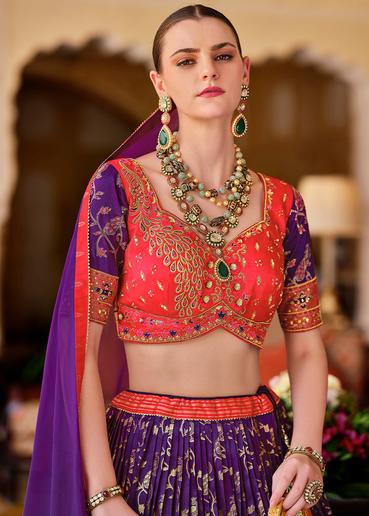 Purple & Pink Lehenga Choli in Banarasi Silk with Exquisite Embroidery