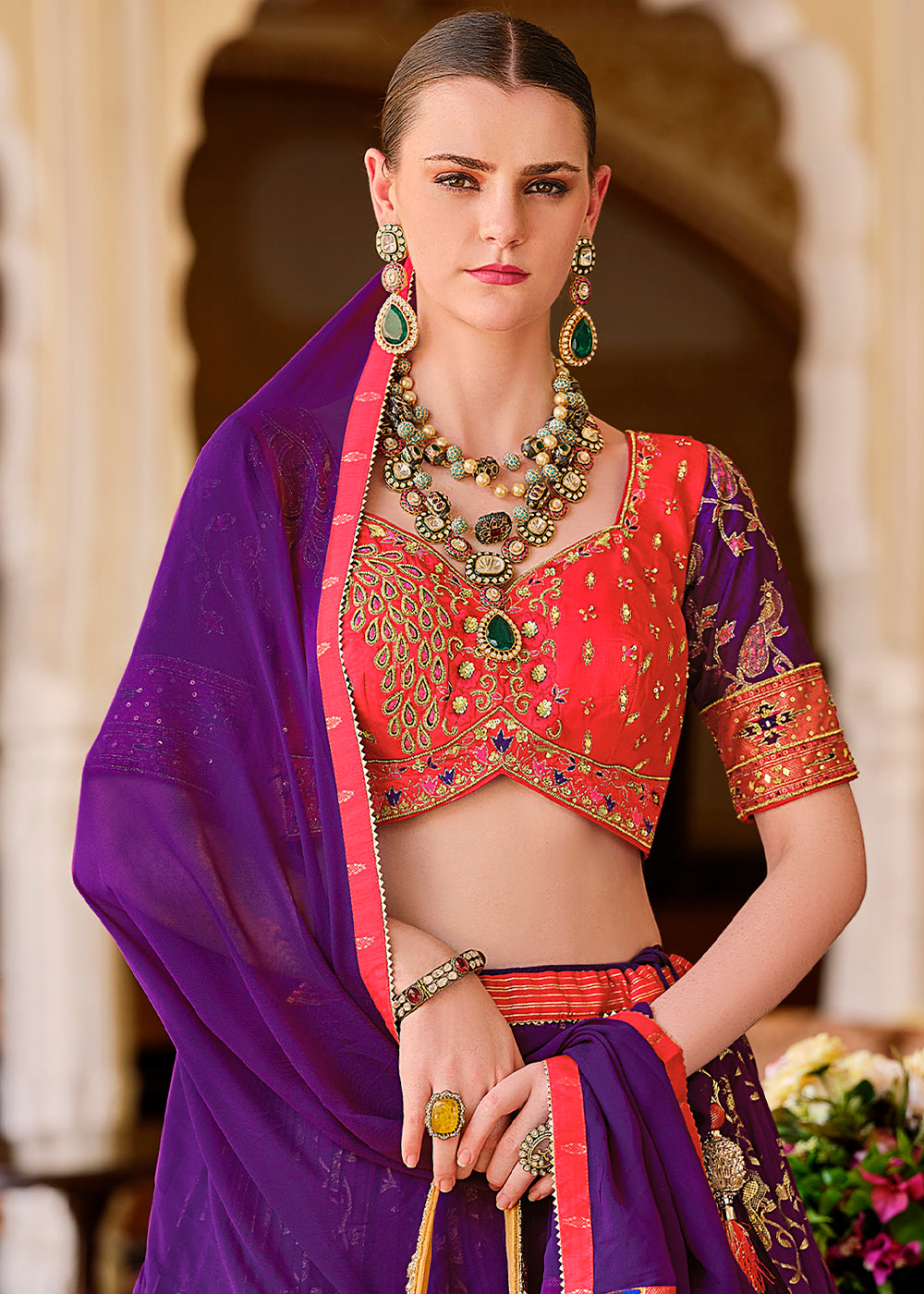 Purple & Pink Lehenga Choli in Banarasi Silk with Exquisite Embroidery