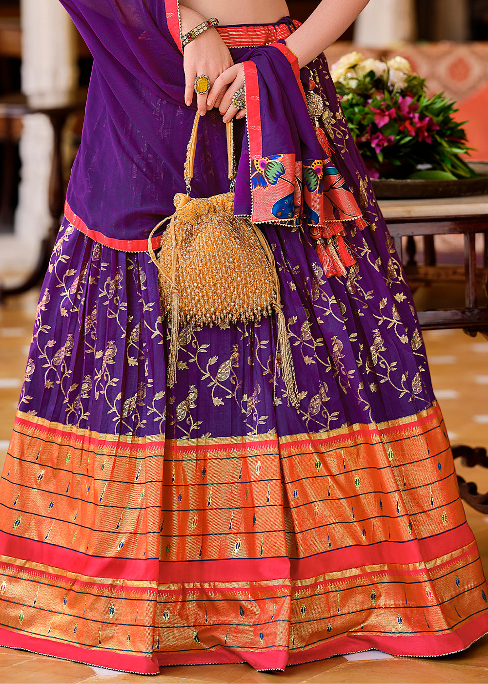 Purple & Pink Lehenga Choli in Banarasi Silk with Exquisite Embroidery