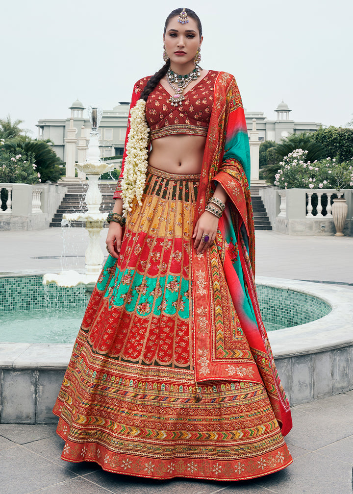 Red & Blue Embroidered Banarasi Silk Lehenga Choli – Perfect for Weddings