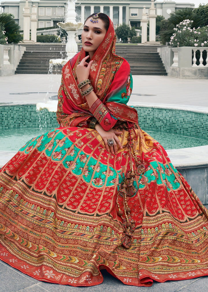 Red & Blue Embroidered Banarasi Silk Lehenga Choli – Perfect for Weddings