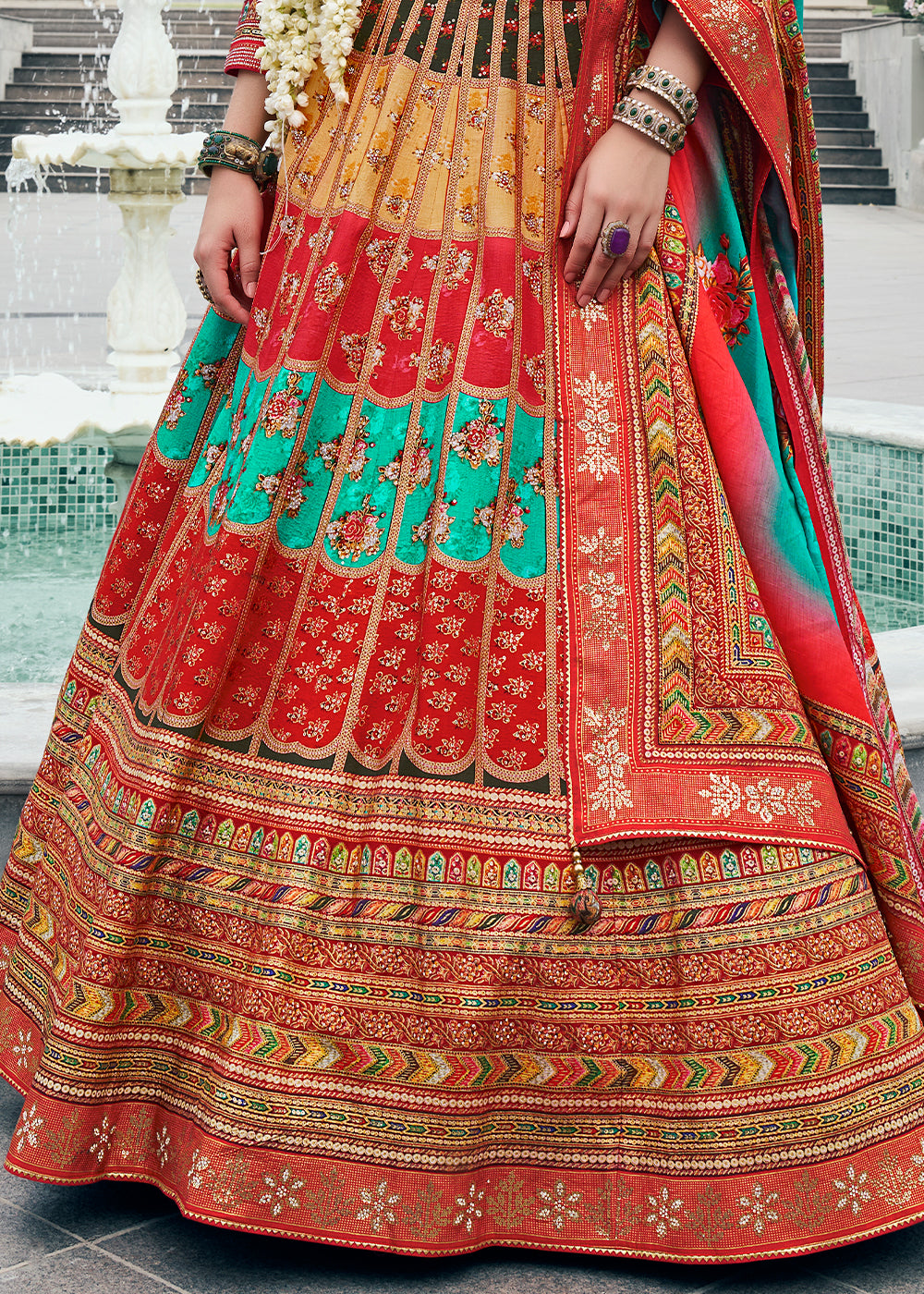 Red & Blue Embroidered Banarasi Silk Lehenga Choli – Perfect for Weddings