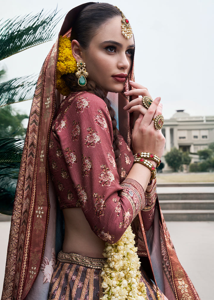 Purple & Brown Embroidered Banarasi Silk Lehenga Choli – Perfect for Weddings