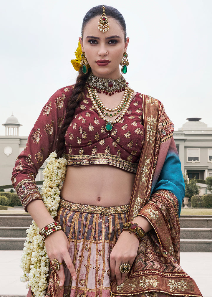 Purple & Brown Embroidered Banarasi Silk Lehenga Choli – Perfect for Weddings