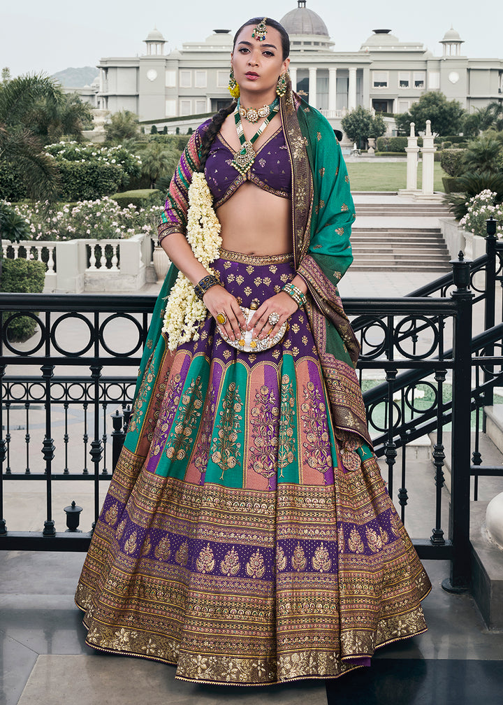 Green & Purple Embroidered Banarasi Silk Lehenga Choli – Perfect for Weddings