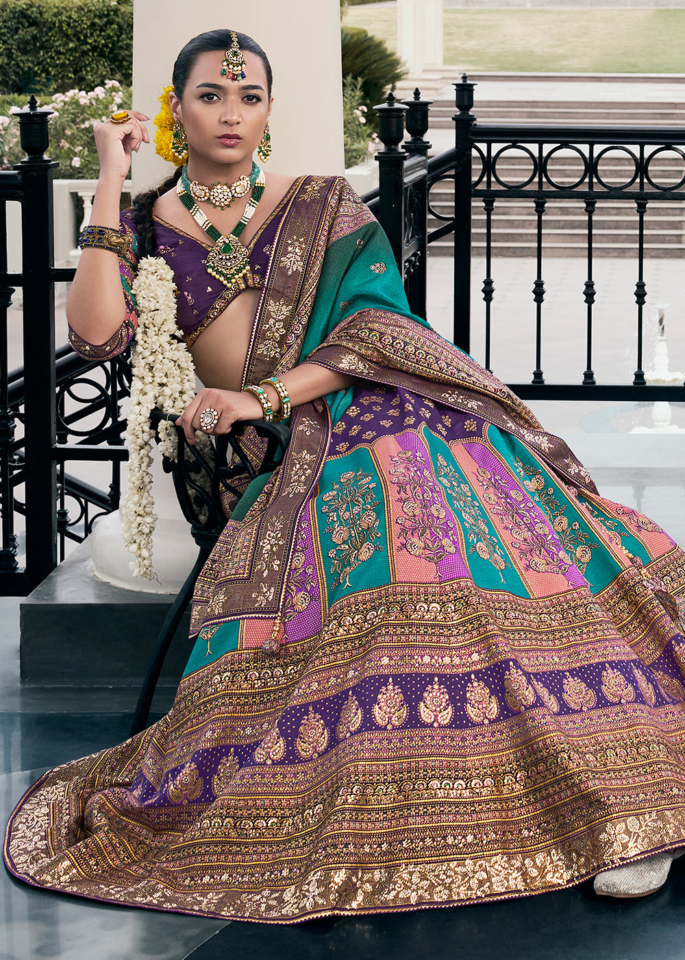 Green & Purple Embroidered Banarasi Silk Lehenga Choli – Perfect for Weddings