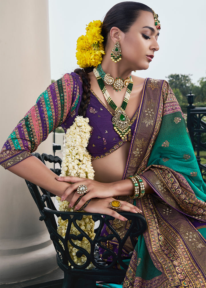 Green & Purple Embroidered Banarasi Silk Lehenga Choli – Perfect for Weddings