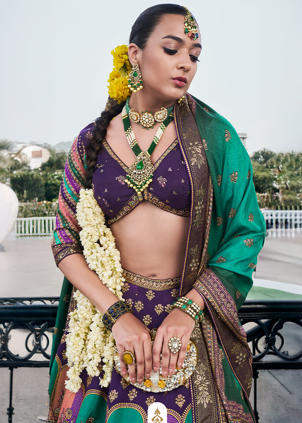 Green & Purple Embroidered Banarasi Silk Lehenga Choli – Perfect for Weddings