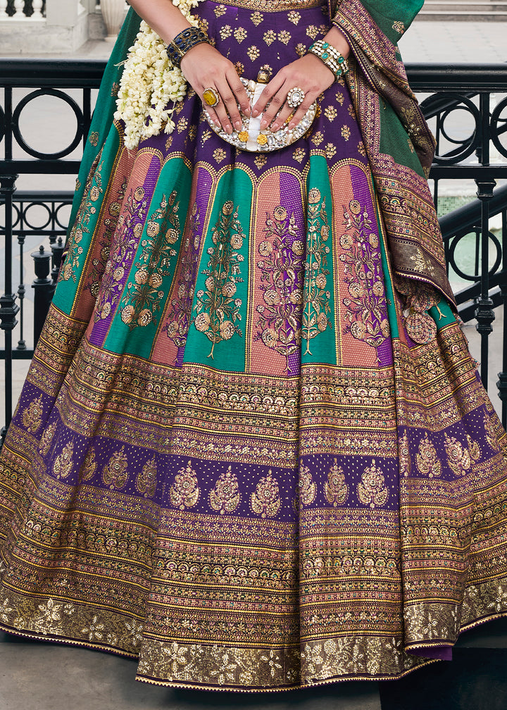 Green & Purple Embroidered Banarasi Silk Lehenga Choli – Perfect for Weddings