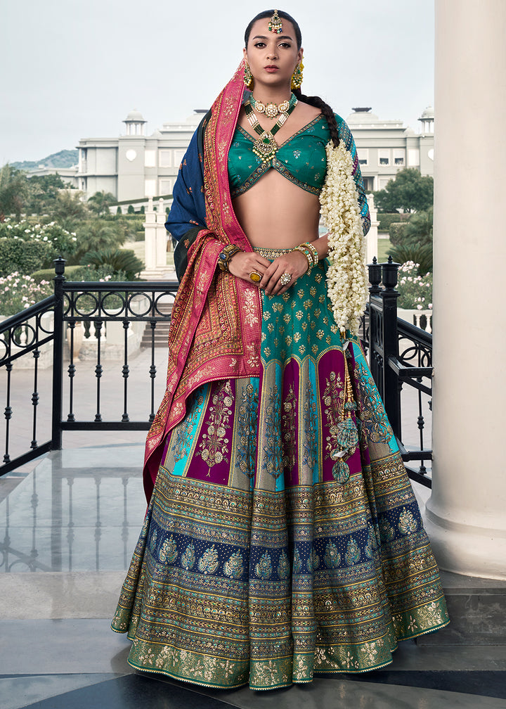 Green & Blue Embroidered Banarasi Silk Lehenga Choli – Perfect for Weddings