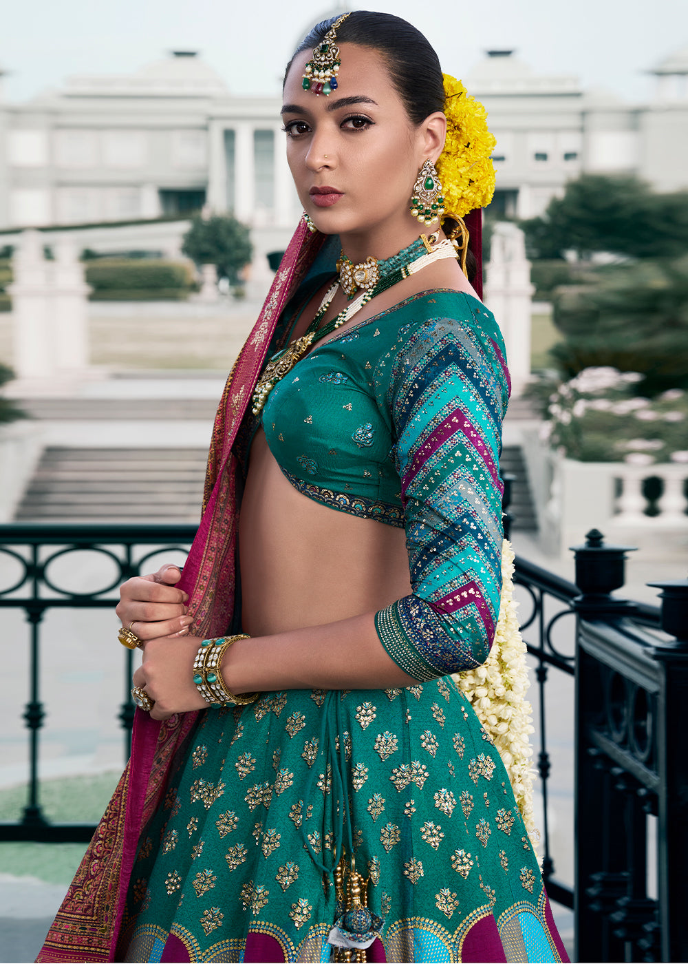 Green & Blue Embroidered Banarasi Silk Lehenga Choli – Perfect for Weddings