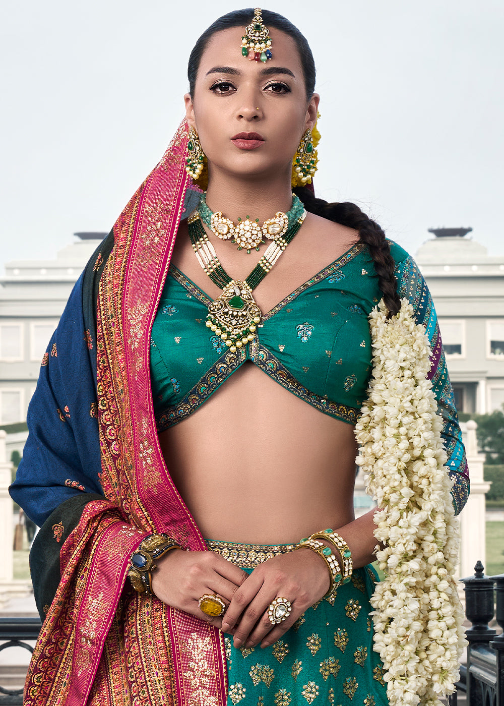 Green & Blue Embroidered Banarasi Silk Lehenga Choli – Perfect for Weddings