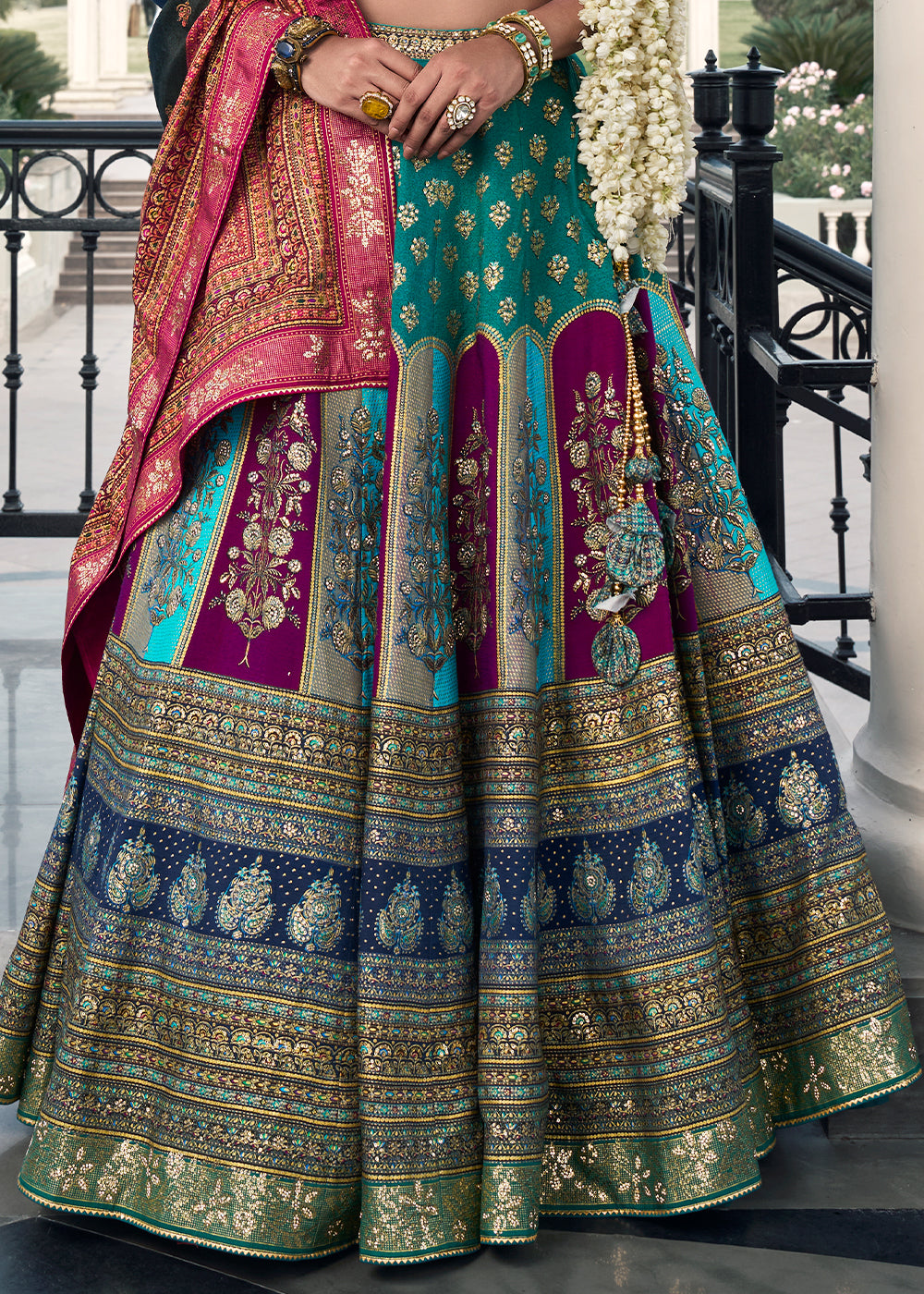 Green & Blue Embroidered Banarasi Silk Lehenga Choli – Perfect for Weddings