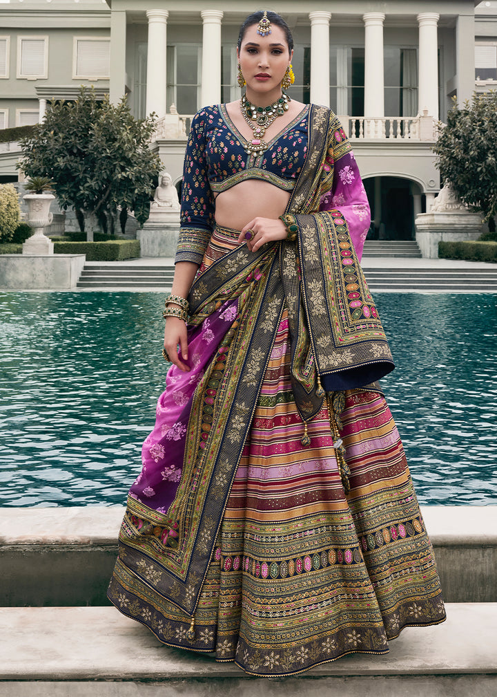 Purple & Blue Embroidered Banarasi Silk Lehenga Choli – Perfect for Weddings