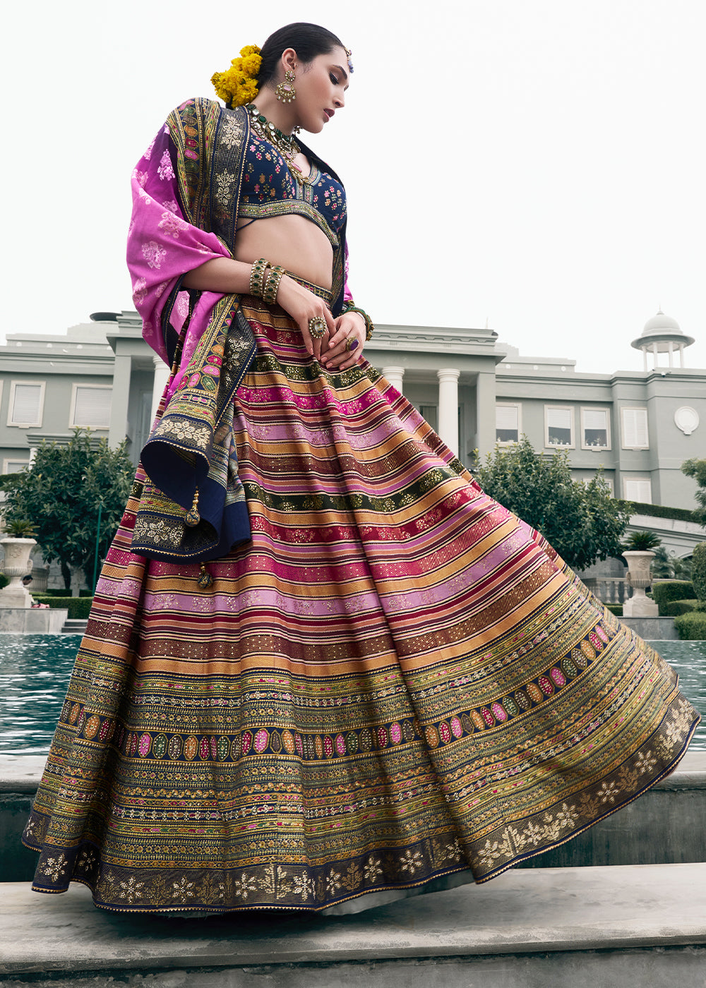 Purple & Blue Embroidered Banarasi Silk Lehenga Choli – Perfect for Weddings