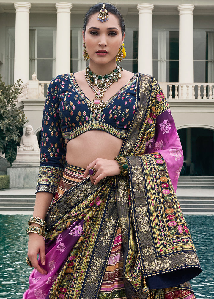 Purple & Blue Embroidered Banarasi Silk Lehenga Choli – Perfect for Weddings