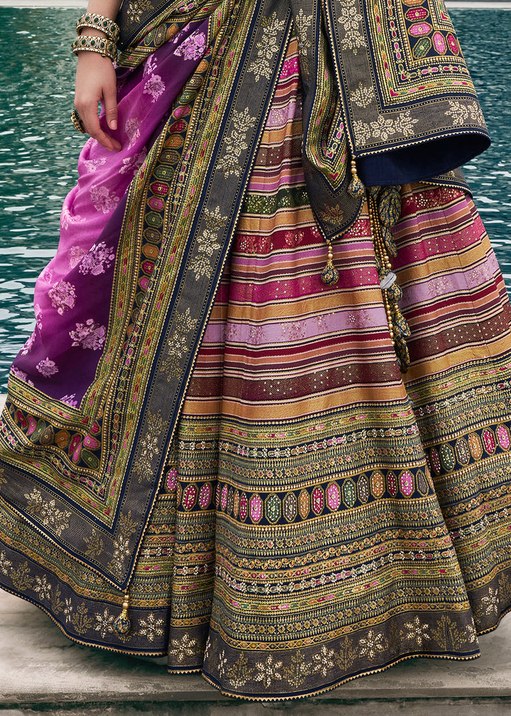 Purple & Blue Embroidered Banarasi Silk Lehenga Choli – Perfect for Weddings